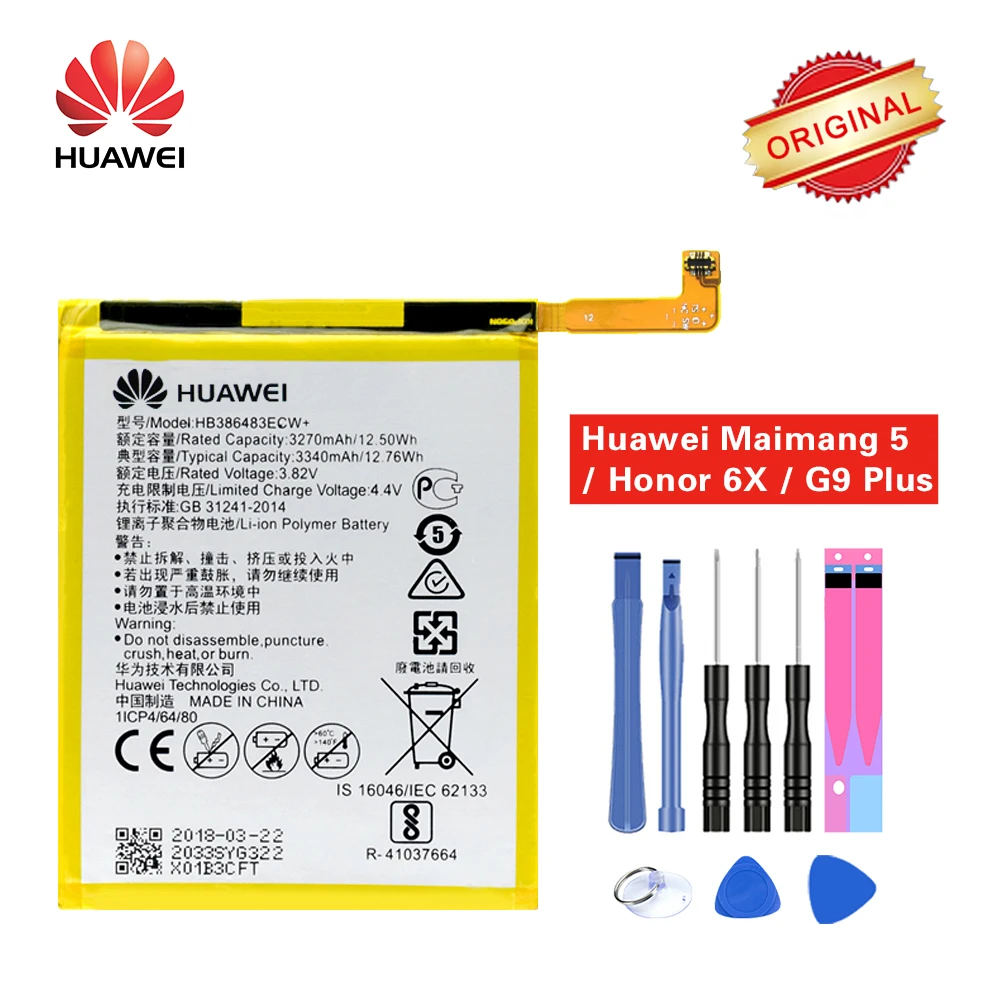 

Hua Wei Original Battery HB386483ECW+ for Huawei honor 6X MLA-AL00 MLA-AL10 G9 plus G9Plus Maimang 5 3340mAh with Tools