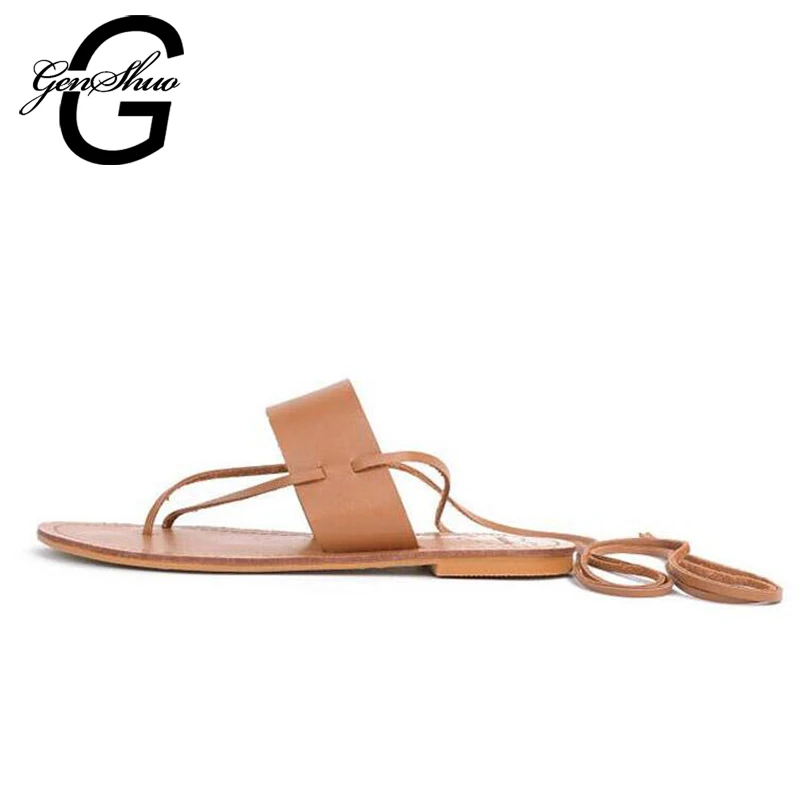 

GENSHUO 2017 Leather Women Flats Sandals Size 35-39 New Fashion Casual Solid Cross Strap Woman Shoes Black Brown