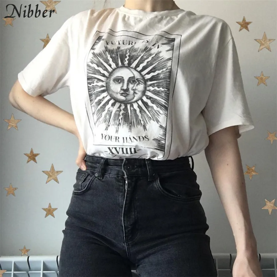 Nibber/Харадзюку, свободные топы с принтом, женские хлопковые T-shirt2019summer, уличные повседневные Стрейчевые тонкие футболки, базовая парная футболка