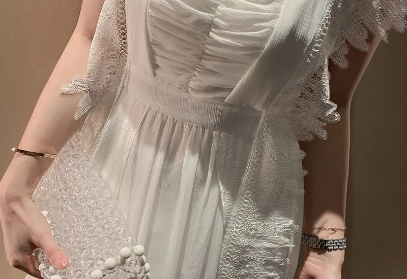 Летнее элегантное белое шифоновое кружевное платье с квадратным вырезом платья с короткими рукавами Для женщин офисные пикантные вечерние женские Maxi Dress Vestidos