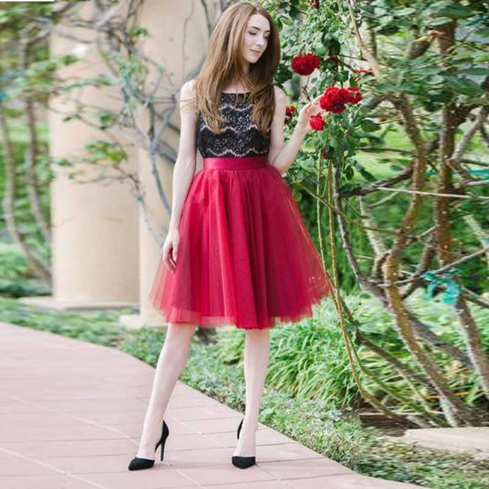 

Pretty Rose Red Midi Girl Tulle Skirts 2019 Zipper Royal Blue Knee Length Tulle Skirt For Women Birthday Party Tutu Skirts