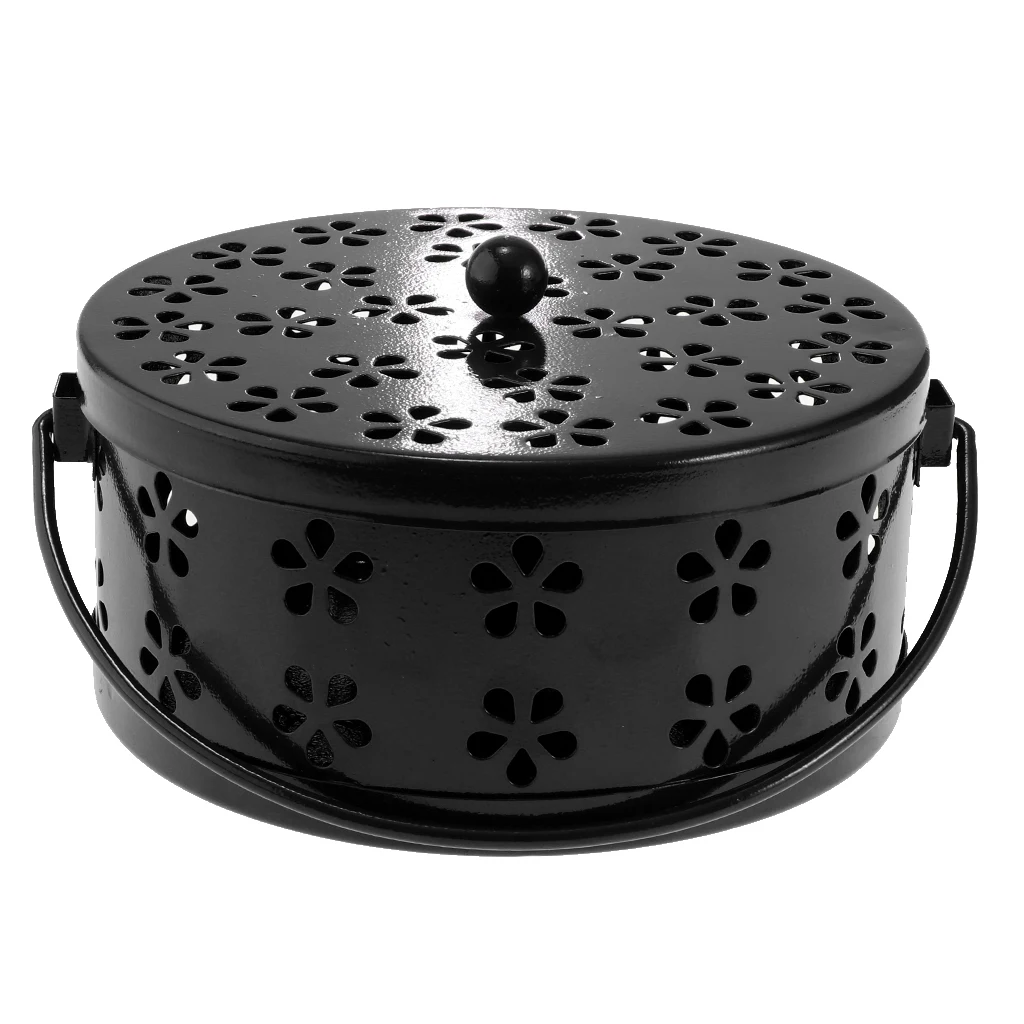 Retro Hollow Out Mosquito Coil Holder Handle Box for Teahouse Home Black