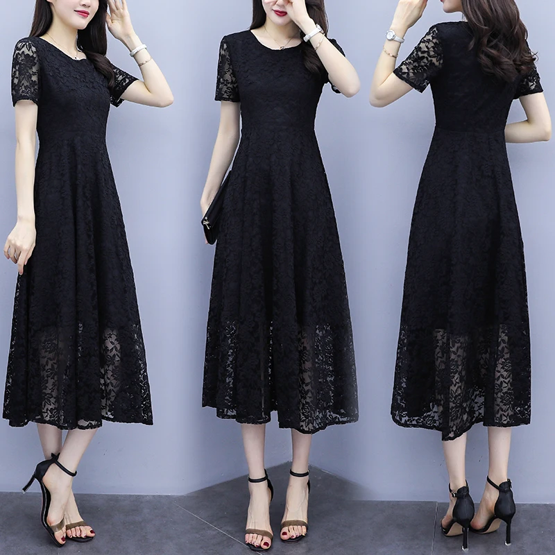 

M-5XL Lady Black Long Lace Dress Large Size Korean Women Short Sleeve Summer Dresses Plus Size Womens Clothing