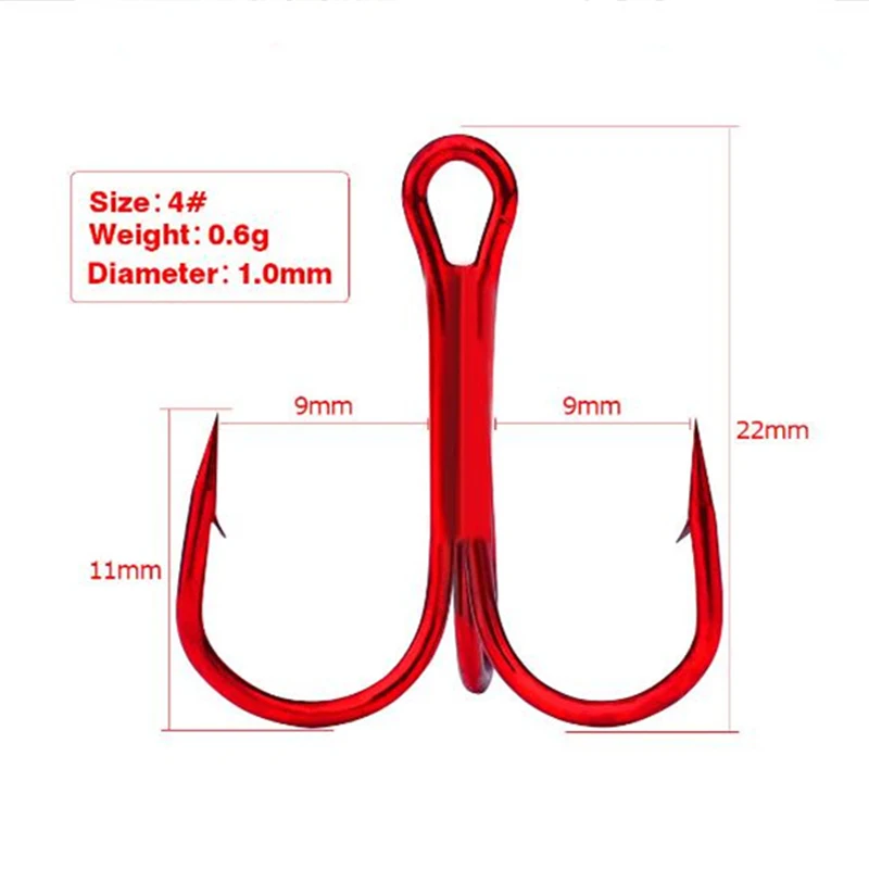 10 шт./партия, красный, три рыболовных крючка, Высокоуглеродистая сталь, тройные опрокидывающиеся крючки, рыболовные снасти, круглый изгиб, высокие частоты для басов - Цвет: 02