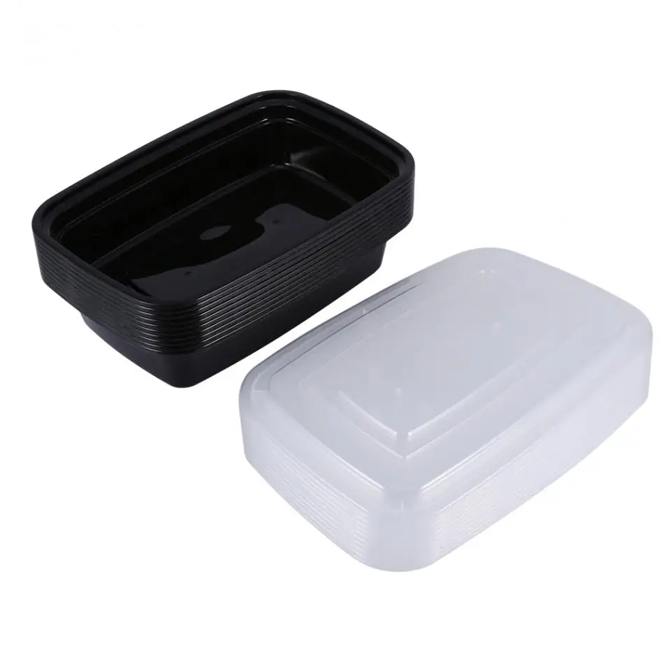 

10pcs 1000ml Plastic Meal Prep Containers Microwavable Food Storage Boxs With Lid Black