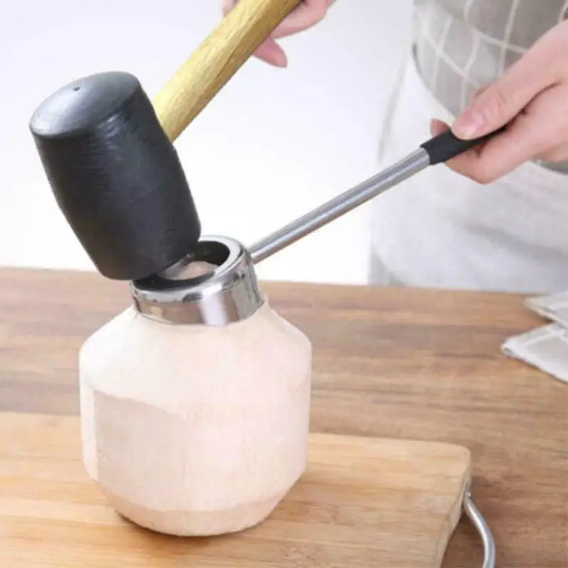 

2Pcs/Set Long-Lasting Food Grade Practical Lightweight Coconut Opener Tool Set Stainless Steel Opener With Wooden Mallet