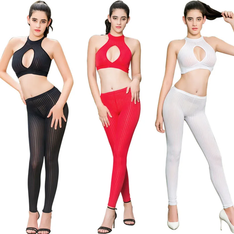 

Sexy Women Slim Fit Stripe See Through Tank Top and Leggings Set Pole Dance Wear Fitness Yoga Pants