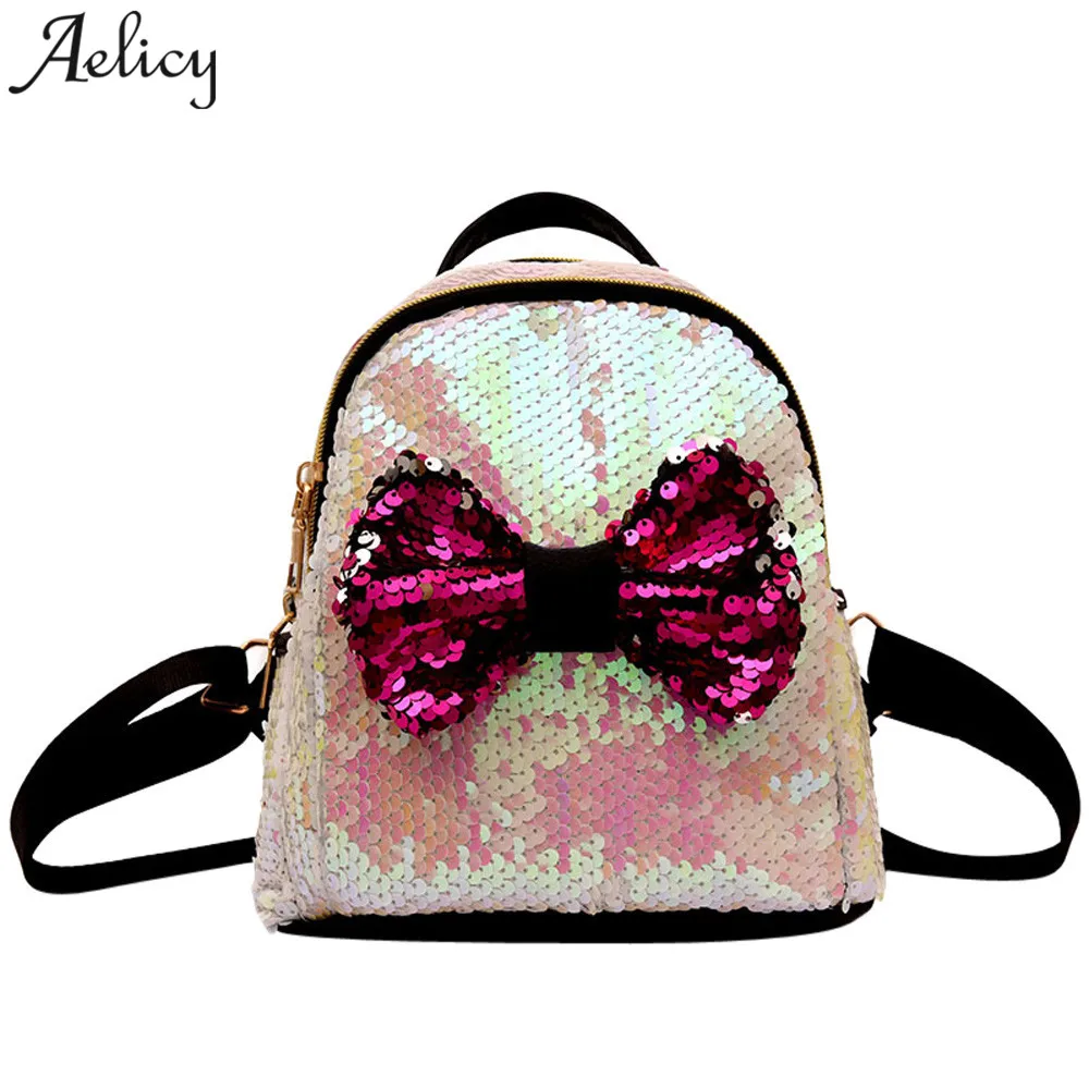 Aelicy Women Sequins Bow Tie Backpacks Teenage Girls Travel Large Capacity Bags Party Mini