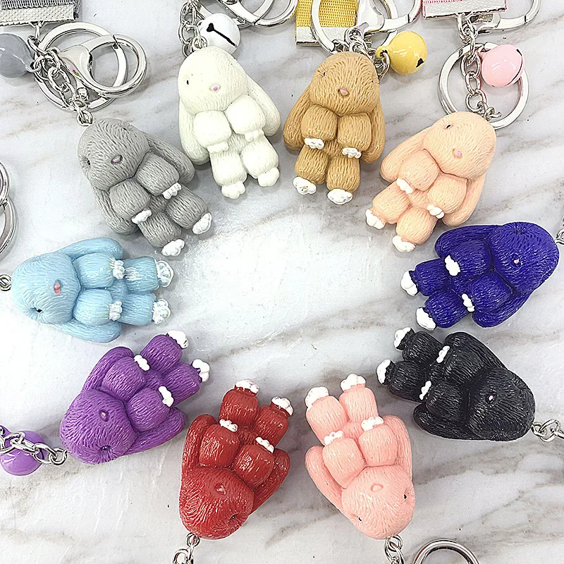 New cute resin acrylic animal bear, puppy, rabbit, color ribbon with bell cute temperament key ring pendant bag car pendant