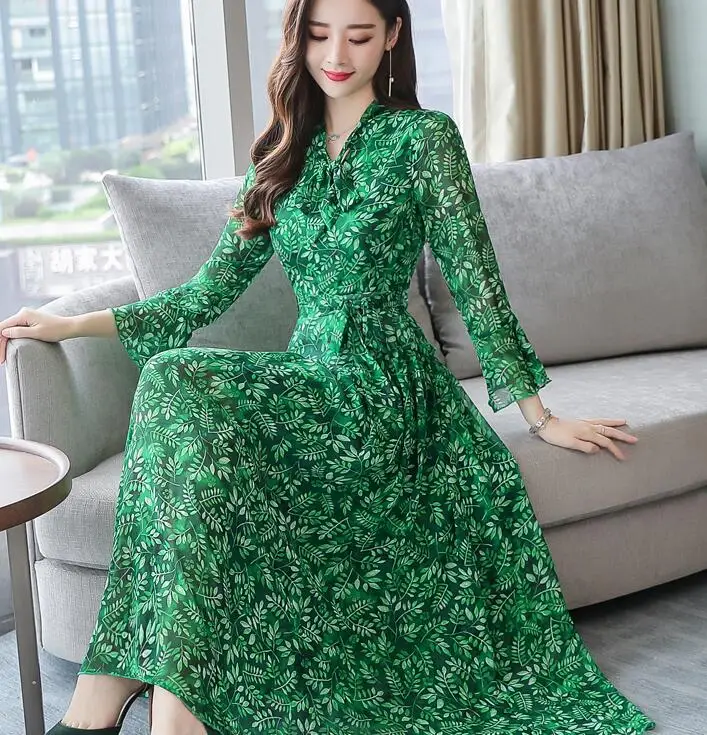 

High Quality Plus Size S-3XL 2019 Spring New Arrival Bow Flare Sleeve Flower Printed Woman Long Chiffon Dress