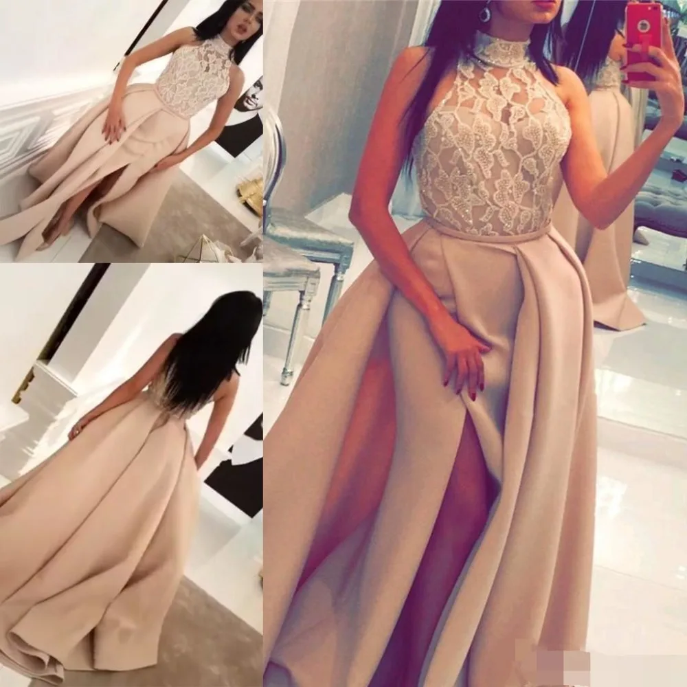 

Champagne Lace Stain Split Evening Dress with Over Skirt 2019 abiye Modest High Neck Beaded Dubai Arabic Occasion Prom dresses