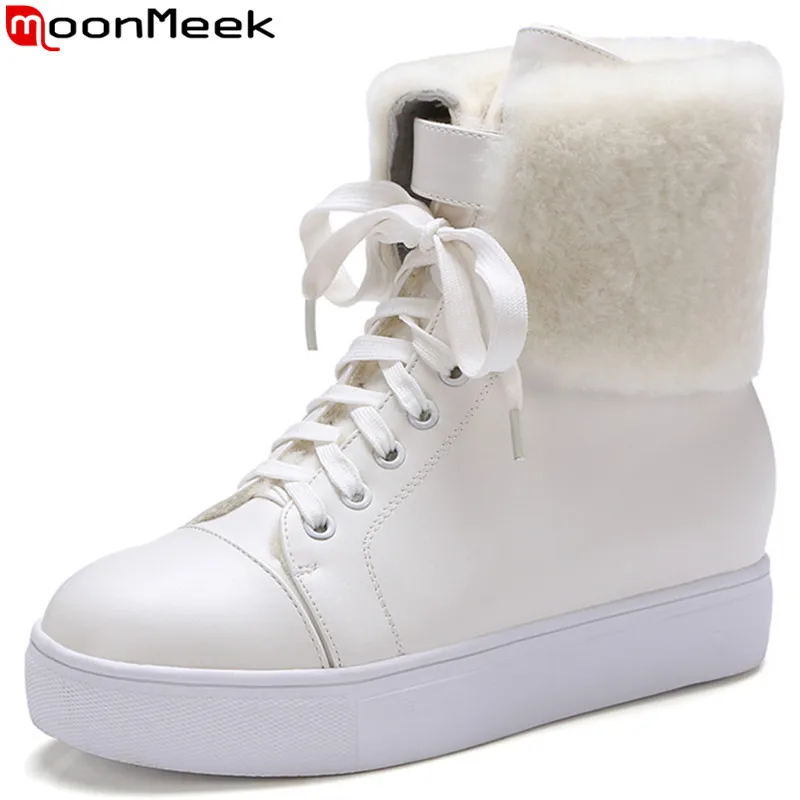 

MoonMeek fashion winter new women boots round toe lace up height increasing ladies boots black white pink brown ankle boots