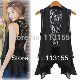 2017 big yards chiffon vest In the long section Chiffon Lace Vest Jacket STAND COLLAR ASYMMETRIC HEM CHIFFON VEST tops S-XXXXXL 1