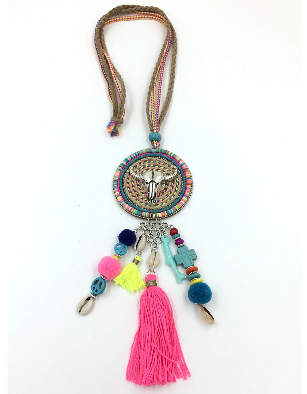 New Bohemia Boho Necklaces Tibeten antique Silver Tauren Taurus Necklaces pink tassel pendant leather back necklace with ball
