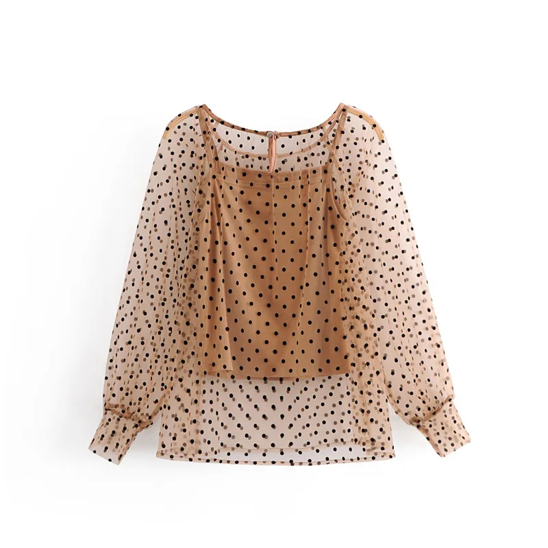 

CS906 Ladies Flocking Dot Print Mesh Two Pieces Set Blouse Women Sweet Organza Shirts Tops