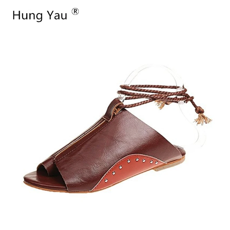 

Hung Yau Women Sandals Flat Summer Shoes Woman Ankle Strap Black Soft Leather Sandals Women Plus Size 35-43 Beach Shoes Sandals