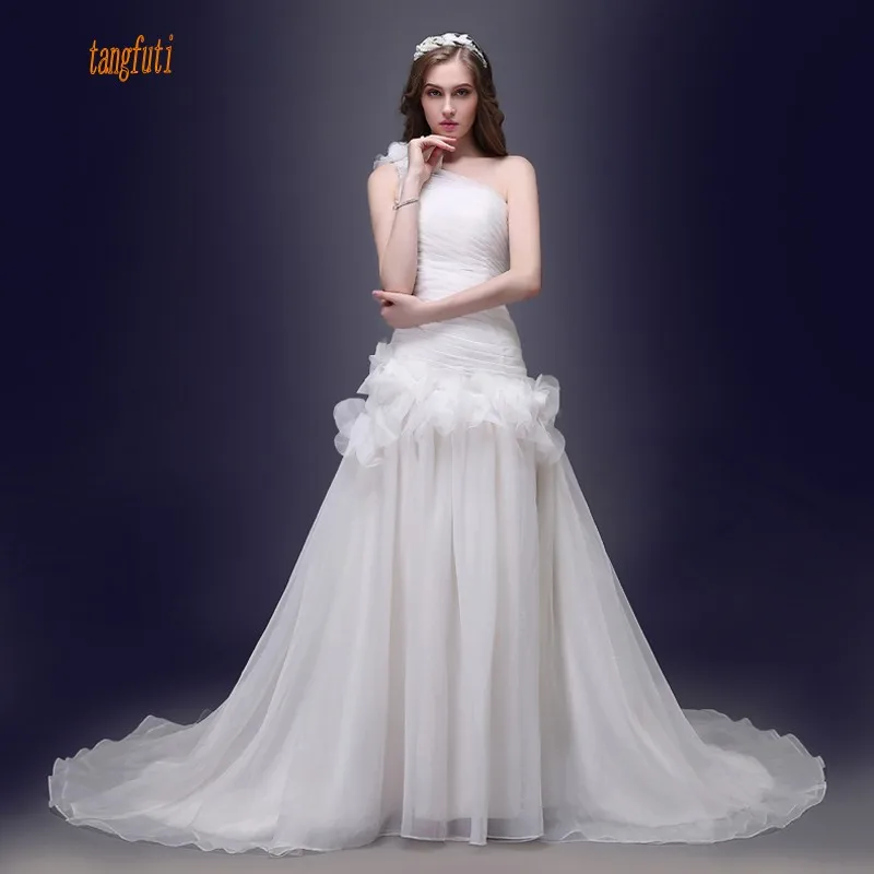 Real Sample One Shoulder Organza Wedding Dress Pleats Ruched Vintage