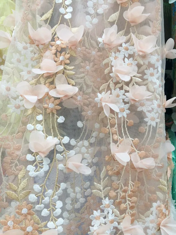 

1 yard 3D lace fabric, pink 3D flowers bridal lace fabric for haute couture dress with 3D flowers