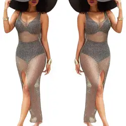 Новый для женщин блестящие полые Бикини Cover Up летнее платье купальники для малышек ванный комплект пляжная туника