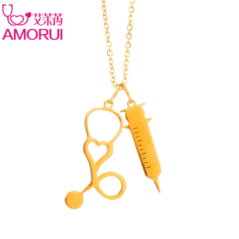 AMORUI Medical Stethoscope Syringe Pendant Statement Choker Necklace Stainless Steel Gold/Silver Necklaces Pendants Women Gift