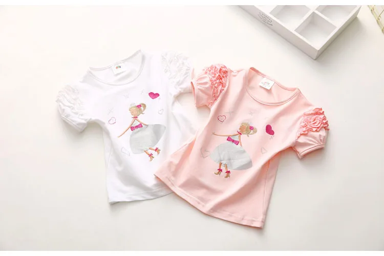 Girls Clothes 2018 Summer 100% Cotton Yellow Pink Solid Color Bow Heart Embroidery Princess Short Sleeve O-Neck Girl T-Shirt (6)