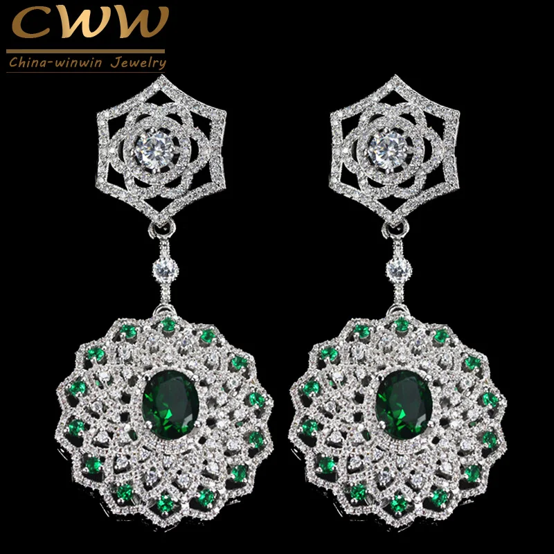 

CWWZircons High Quality Green Crystal And White CZ Stone Setting Large Long Bridal Dangle Earrings for Women Wedding Gift CZ324