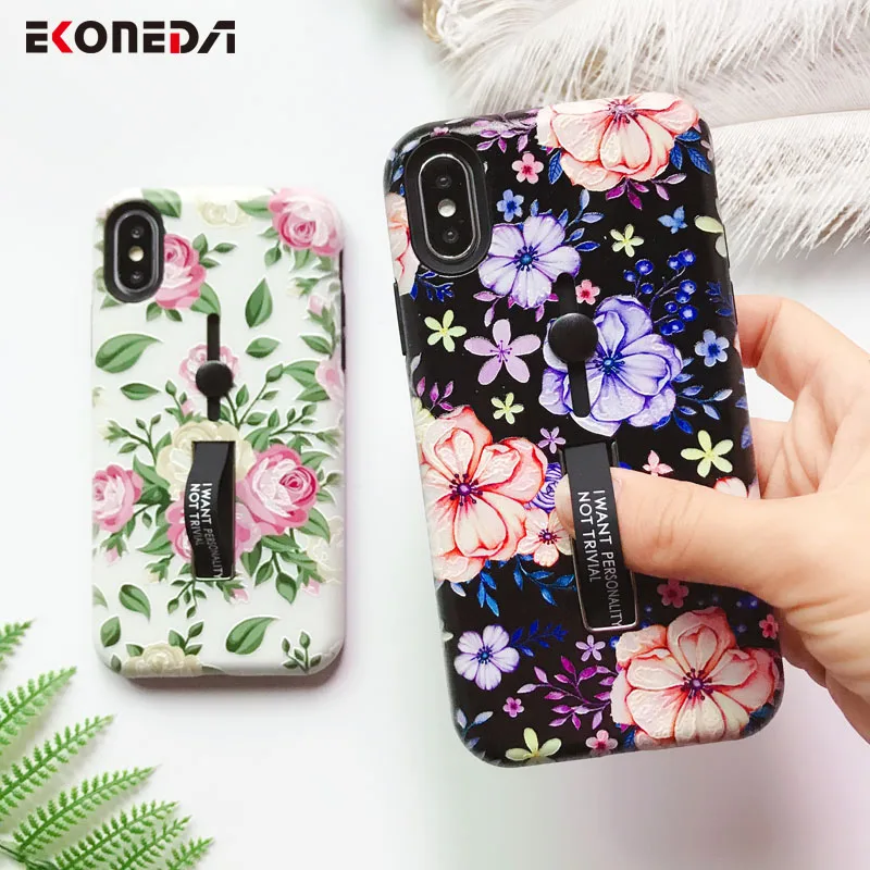 

EKONEDA Finger Ring Case For iPhone 7 7 Plus 6 6S 8 Plus Case Floral Relief Rose Cover For iPhone X XS Max XR Case With Holder