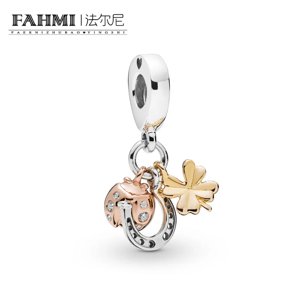 

FAHMI 100% 925 sterling silver new 2019 spring 797852CZ Mixed Metal Horseshoe, Clover and Ladybird Hanging Charm DIY necklace