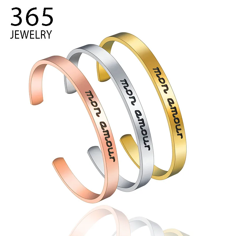 

Romantic Stainless Steel Mon Amour Bracelet For Women Men Gold Color Wide 6mm Cuff Bangle Wedding Anniversary Gift