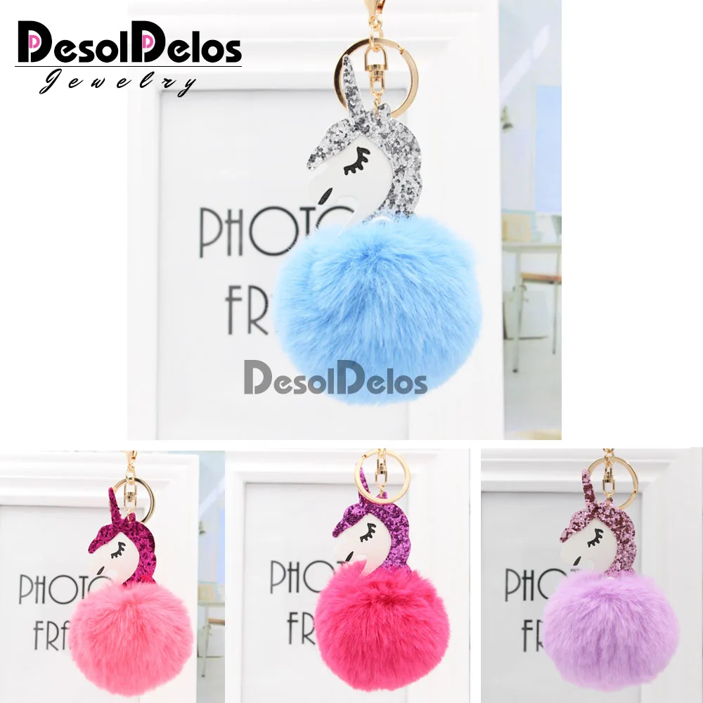 

2019 Hot Pompom Unicorn Keychain Colorful Fake Rabbit fur ball Fluffy licorne Key Chain Horse porte clef Wome Bag Car Keyring