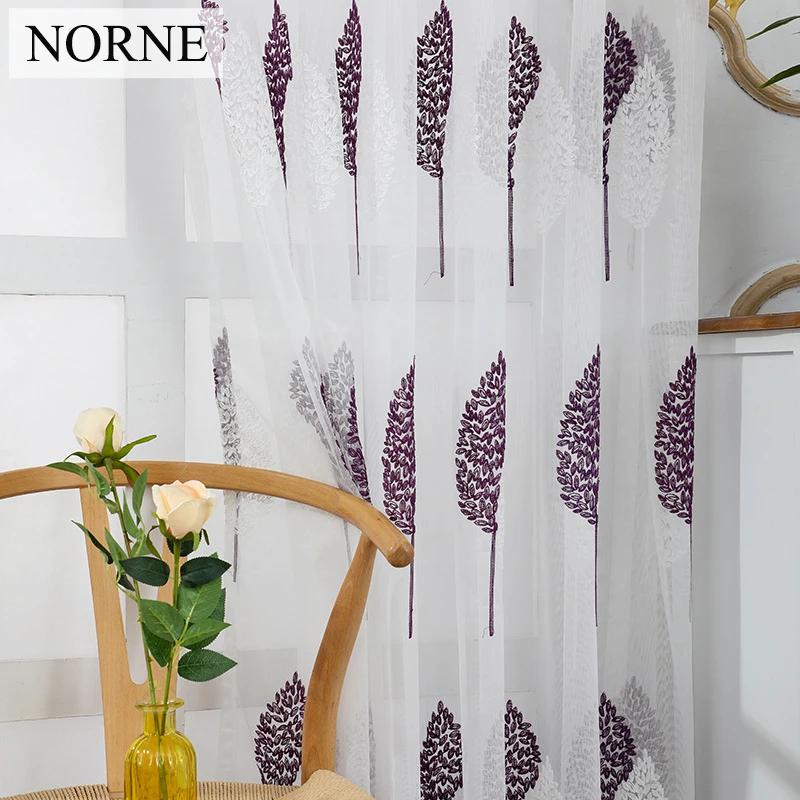 

NORNE Embroidered Semi White and Purple Voiles Plant Tulle Sheer Curtain for Living Room Decoration,Window Curtains for Bedroom