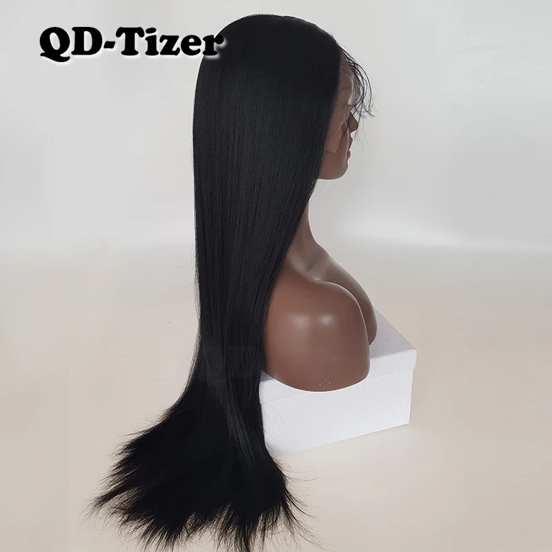 QD-Tizer длинные прямые волосы яки парики Черный цвет 180 плотность бесклеевой термостойкий синтетический парик на кружеве для модных женщин