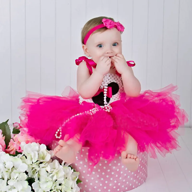 Милое розовое платье с Минни-Маус платье-пачка Пышная юбка; 2 слоя: вязание крючком платье с фатиновой юбкой с повязкой на голову с цветком, детское Косплэй Костюмы, платья для праздников