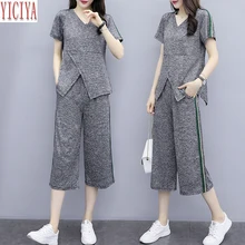 YICIYA Plus Size Big Tracksuits for Women Two Piece Sets 2020 Outfits Pants Suits and Top Gray Striped Elegant Summer Clothing YICIYA Plus Size Big Tracksuits for Women Two Piece Sets 2020 Outfits Pants Suits and Top Gray Striped Elegant Summer Clothing