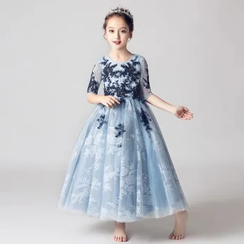 

3~14ys Luxury Children Girls Appliques Flower Birthday Evening Party Princess Lace Dress Kids Teens Host Piano Performance Dress