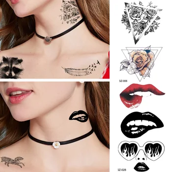 

Women Cute Raccoon Cat Tattoo Stickers Black Tribe Feather Temporary Tattoo Girl Geometric Rose Waterproof Sexy Lip Tatoos Mouth