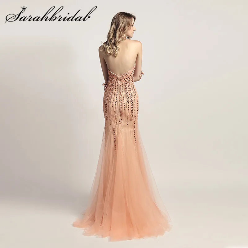 Gorgenous Peach Evening Dresses Formal Long Mermaid Tulle with Beading Crystals Backless Gray Robe de Soiree Prom Gowns CC437