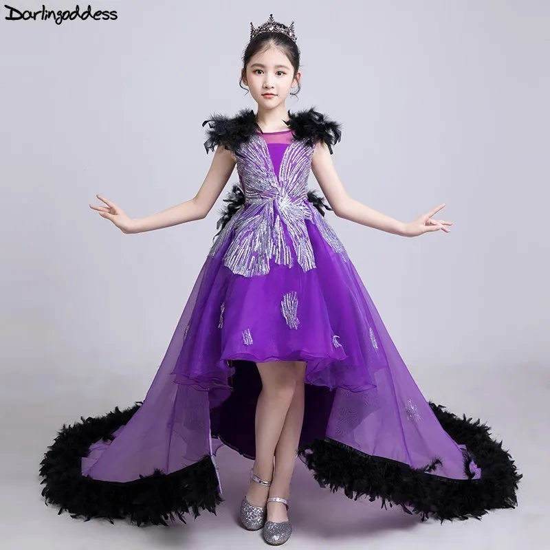 

Luxury Short Front Long Back Flower Girl Dresses for Weddings Purple Ball Gown Pegeant Dresses for Girls Kids Prom Gown 2019