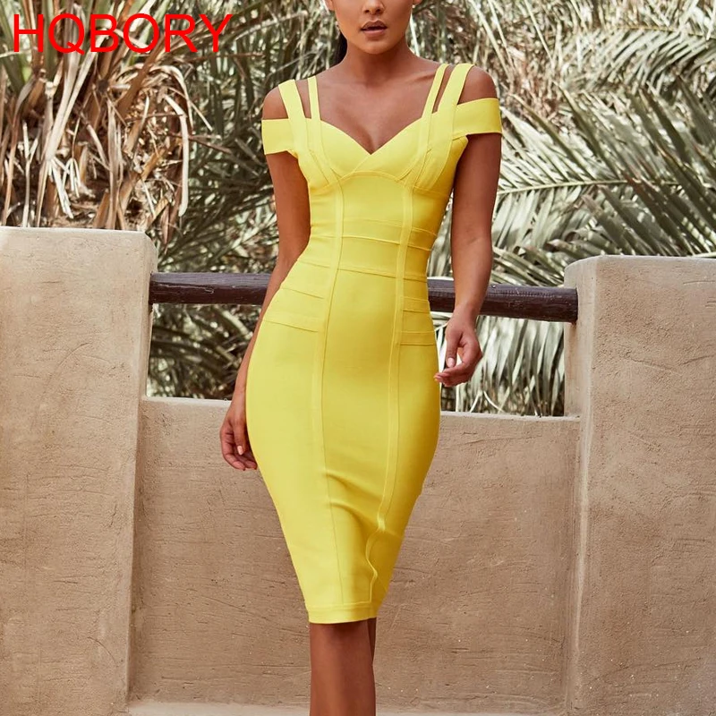 

double spaghetti strap v neck sexy elastic knitted 2018 new fashion celeb hl bodycon knee length yellow bandage dress