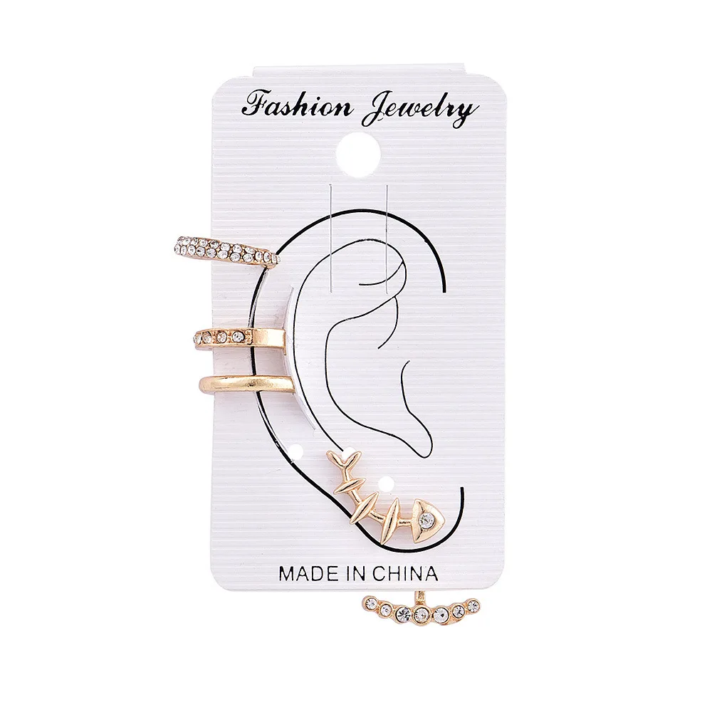 

Fashion 4pcs/set Crystal Fish Bone Stud Earrings Set Punk Full drill Hanging Fishbone Earrings for Women Girls Party Jewelry