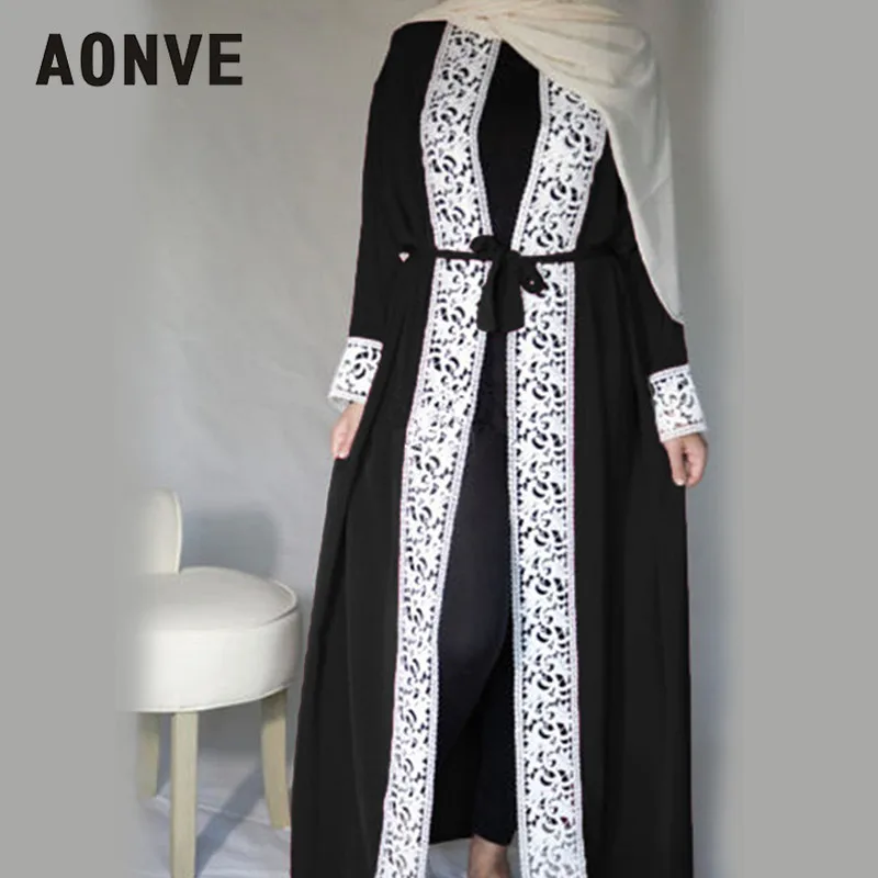 Aonve длинные кружевные красные абайя s исламские женские джеллаба Дубай кружевные турецкие одежды арабские дамы открытый кафтан мусульманский марокканский черный Абая - Цвет: Черный