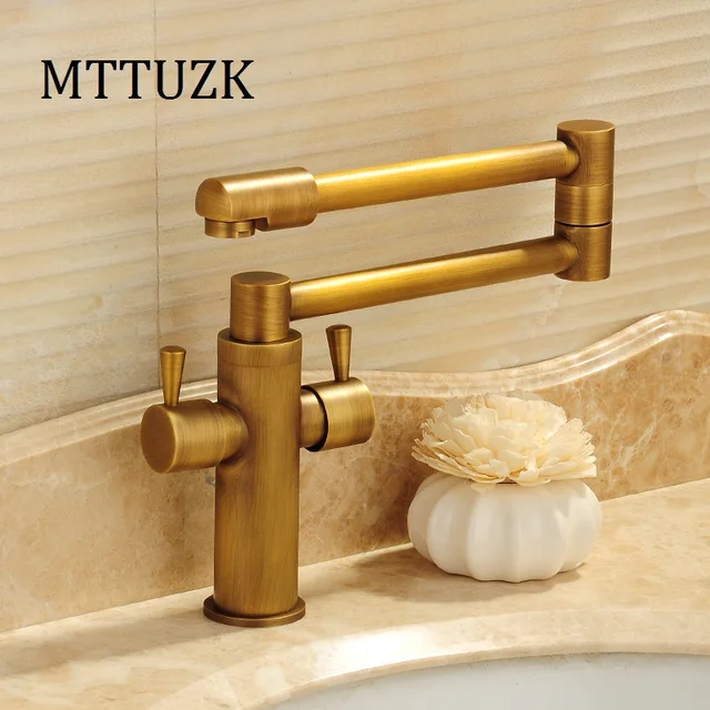 Special Offers MTTUZK Gold/Antique Kitchen Folding Faucet 360 Degree Rotating Vegetable Bowl Faucet hot&cold Tap Deck Mounted Dual Handle tap