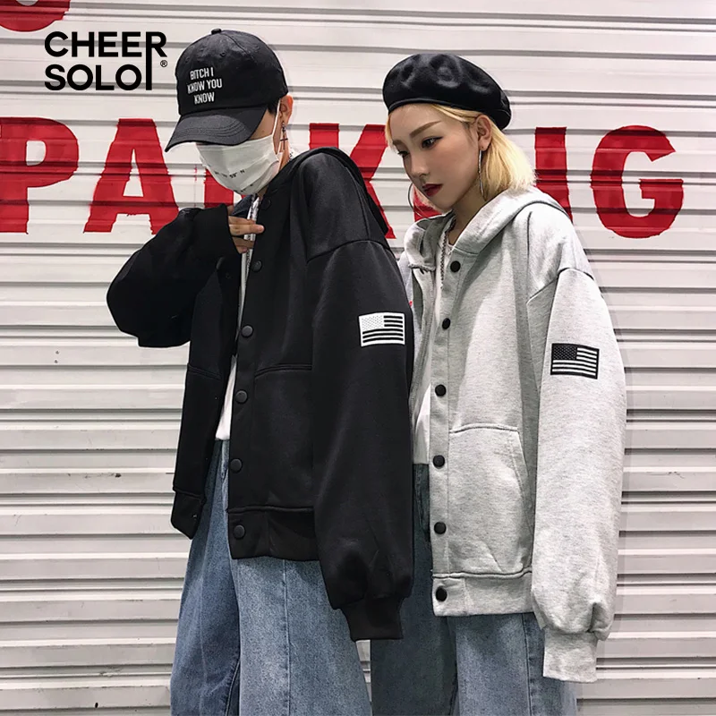 Женская куртка с капюшоном Cheersolo Harajuku Черная карманами и пуговицами на осень