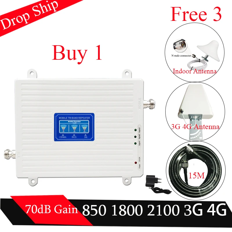 

70dB Tri-Band CDMA 850 DCS/LTE 1800 WCDMA 2100 MHz 2G 3G 4G Cell Phone Signal Repeater LTE 4G 1800mhz Cellular Signal Amplifier