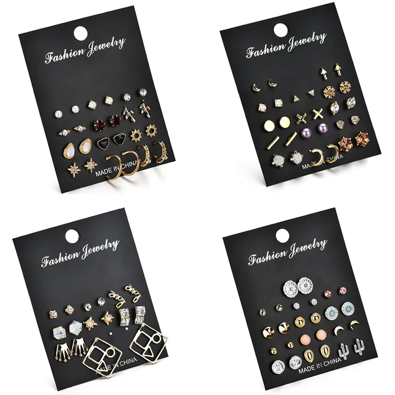 

2019 New Rhinestone Mixed Geometric Crown Heart Flowers Love Symbol Stud Earrings Set 12Pairs/Sets Female Party Jewelry Gifts