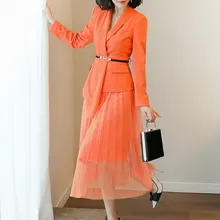 Весенний костюм женский модный профессиональный костюм иностранный Европейский станция Двухсекционный Блейзер юбка офисная одежда куртка оранжевый