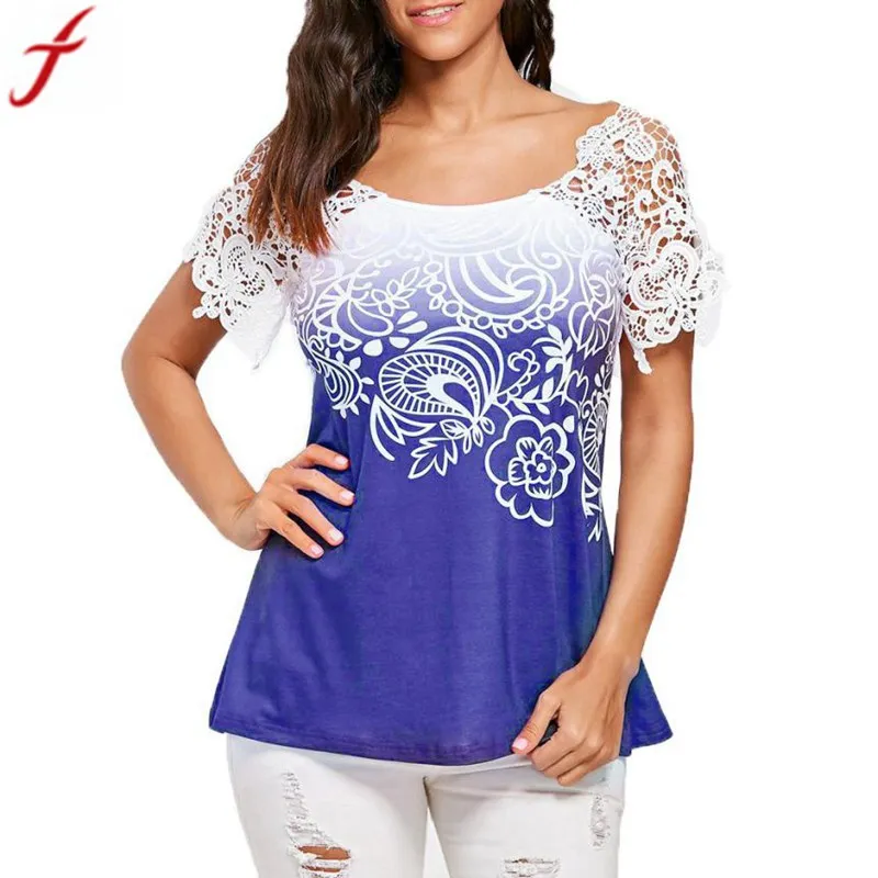 

korean women blouses 2019 Summer Casual Lace Stitching Floral Printed O-Neck tunic shirts women tops Blouse vetement femme ete#2