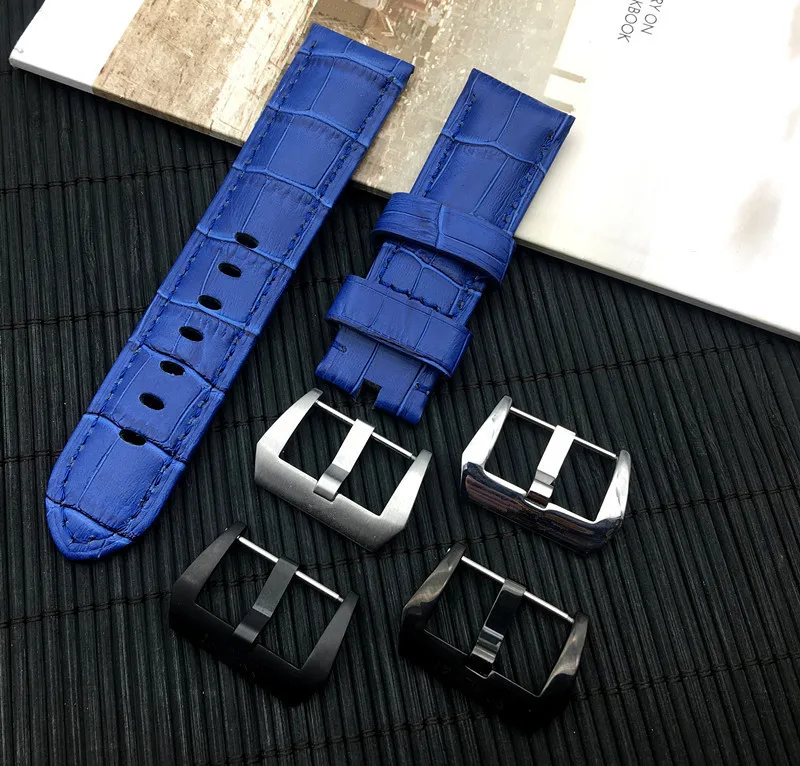 

Top quality Handmade real Genuine leather Watchband 24mm Watch Band Blue Strap For Panerai strap for PAM111/386/441 Buckle 44mm