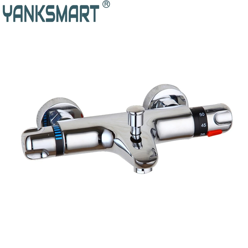 

YANKSMART Wall Mounted Thermostatic Faucet Double Handles Faucet Spout Filler+Diverter Chrome Bathtub Shower Faucet Valve Mixer