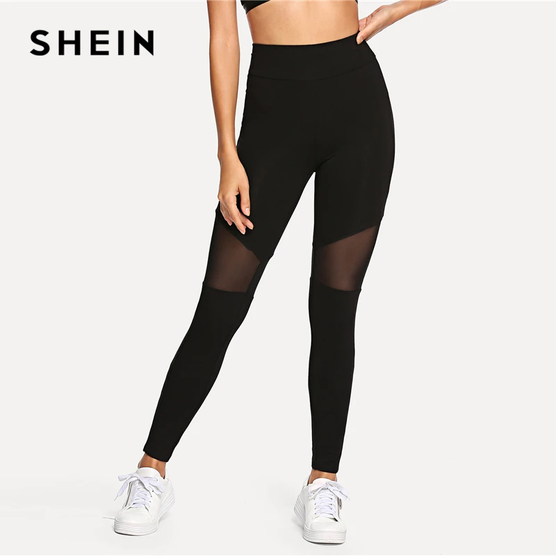 SHEIN черные повседневные сексуальные контрастные сетчатые контрастные обтягивающие однотонные леггинсы летние женские брюки